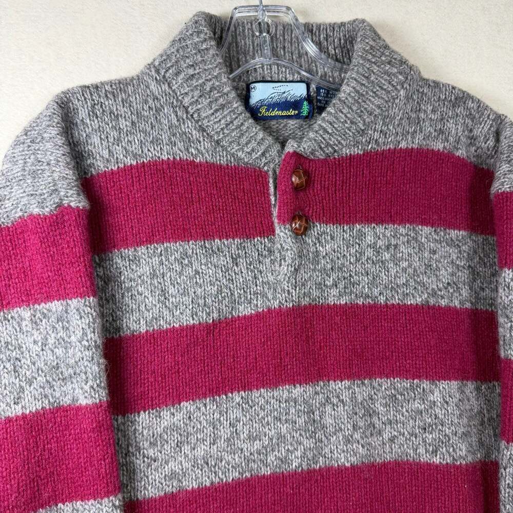 Vintage Fieldmaster Men's Gray Burgundy Striped Wool Blend Pullover Henley Sweat